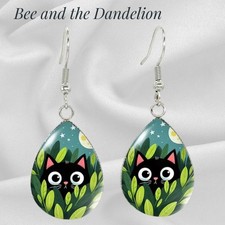 Cheeky Black Cat in the Grass  Glass Cabochon Teardrop Earrings