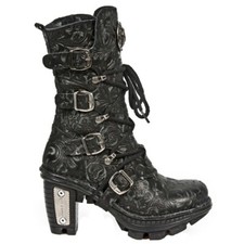 New Rock NEOTR005-S25 Ladies Leather Boots Vintage Floral Black Gothic Rock Punk