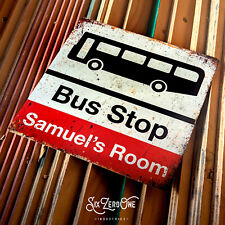 Personalised Bus Stop Square Metal Sign Landscape. Worn Rust print look Any Name