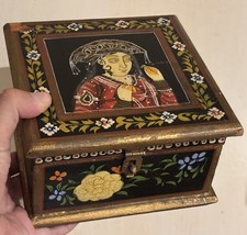 Mughal Indian Asian Wooden Trinket Jewellery Box with Woman Hand Painted DAMAGED