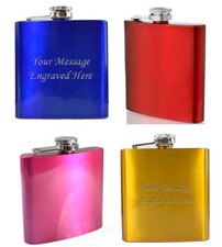 Personalised 6oz Gold Red Blue Coloured Hip Flask Laser Engraved FREE Ladies Men