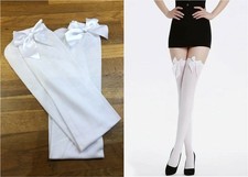 Fancy Dress White Over The Knee Thigh High Hold Up Denier Socks with Satin Bows