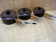 VINTAGE SET 3 LE CREUSET SAUCEPANS WITH LIDS-CHOCOLATE-14cm,16cm,18cm-CAST IRON-