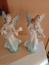 Pair Of VINTAGE  DRESDEN Porcelain Angels Playing Musical Instruments  Ex Con