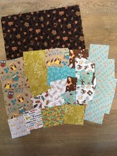 Bundle of fabric pieces of various sizes - woodland theme leaves/owls/fox etc