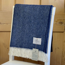 Bronte by Moon Navy Blue Herringbone Merino Lambswool Throw Blanket Pure Wool