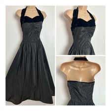 Vintage 1940s Black Acetate & Velvet Trim Halter Neck Evening Party Dress Size 6
