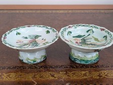 Pair Chinese Nyonya Straits porcelain stem dishes, phoenix & floral, late Qing
