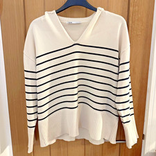 ZARA Striped Knit Jumper Women’s Size L Cream Black V-Neck Breton Style Preppy