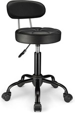 PU Leather Rolling Stool with Back Support Height Adjustable Swivel Stool Chair 