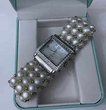 QVC Ladies DMQ Diamonique CZ Silver Finish Square Face Pearl Bracelet Watch G