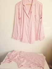 Ladies Victoria Secret Pink And White Stripey Satin Long Pyjamas - Size L Long