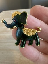 Elephant Brooch in Gold Tone Metal Green & Red Eye