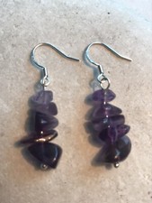 Genuine Amethyst Chips Earrings - 925 Sterling Silver - Gift Bag - Free P&P