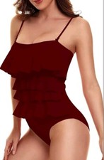 Ladies Jfan Wine Red Swimming Costume Ruffles Medium UK 10 12, swimsuit, Frills