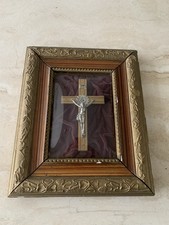 Antique French Wooden Framed Wall Crucifix Convex Glass Religious Decor