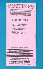 Bus Timetable - Midland Red South - X28 etc - Stratford Alcester Redditch - 1988