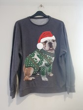 MENS WOMENS GREY CHRISTMAS BULLDOG DOG SWEATER JUMPER SIZE LARGE 