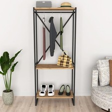 3-Tier Pine Wooden Coat Rack & Shoe Storage Stand with Metal Frame