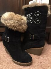 BOHO ASH BOOTS BLACK SUEDE LEATHER REAL FUR STUDS WEDGE HEELS BIKER 38 BUCKLE 5 