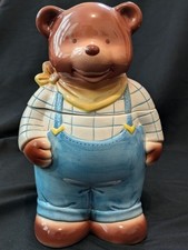 Vintage Large Ceramic Teddy Bear Cookie Jar  Biscuit Barrel Dungarees