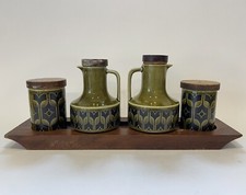 Hornsea Heirloom Green Cruet Set On Wooden Base. Used Condition. Vintage 70’s