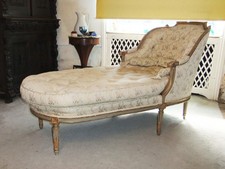 Antique French Louis XVI Day Bed Chaise Longue Couch carved giltwood & buttoned