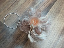 Peach Beaded Flower Wedding Races Clip On Feather Spotted Mesh Fascinator NEW