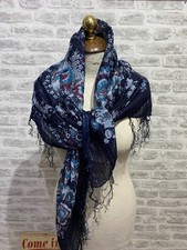 Vintage Indian scarf wrap with metallic thread blue square S611