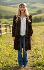 Vintage Portrait Brown Floral Velvet Midi Length Coat L XL Whimsigoth Hippie Lux