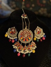 Mehndi Tikka Hair Headpiece  Earrings Multicolored Indian Diamante Jewelry