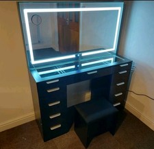 Makeup Vanity Table with LED Mirror and Stool, 10 Storage Drawers, Black