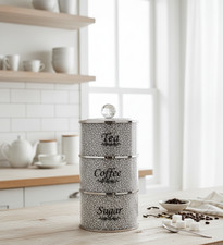 Set of 3 Stackable Crystal Crushed Diamond Tea Sugar Coffee Jars Silver Kitchen