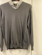 Men's Grey V-Neck Large Mock Shirt Jumper