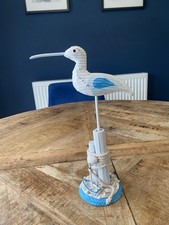 Rustic Wood Washed Seagull Bird Sculpture Nautical Themed With Boat & Rope - VGC