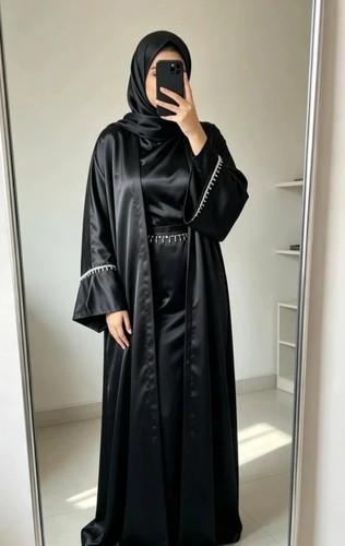 Black satin piece abaya - abaya, set