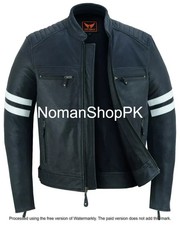 New Men’s Black Leather Cafe Racer Jacket with White Stripes Biker Motorcycle
