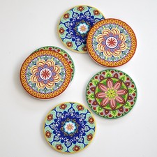 Set Of 6 Round Tuscany Ceramic Coasters Mediterranean Mosiac Tile Cork Back Mats
