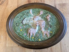 Vintage 3D decorative wall plate /plaque featuring a family of deer in a forest.