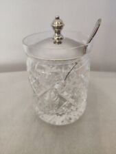 Clear Crystal Cut Glass Preserve Jar With Silver Plated Lid And Jam Spoon 