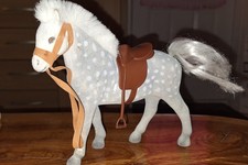 Vintage Flocked Plastic Horse Figure Toy with Saddle and Bridle