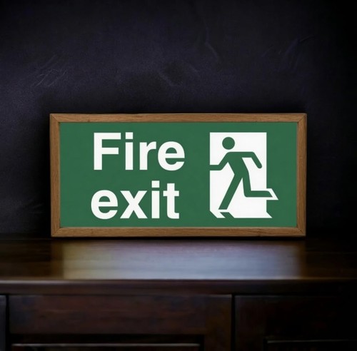 Light wooden fire exit sign - fire,