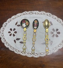 Vintage Brass Decorative Spoons with Hand-Painted Floral Design – Set of 3
