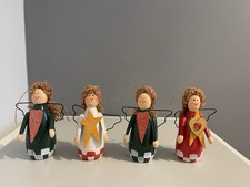 Four Vintage Painted Wooden Christmas Tree Angels. Wire Wings. Hanging Loops