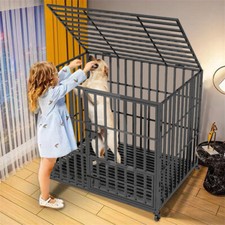 Heavy Duty Dog Crate Metal Pet Kennel Large Skylight Roomy Dog Cage with Wheels