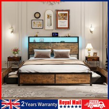 Double Size Bed Frame Metal Bed Platform LED Lights Headboard & 4 Storage Usbnfh