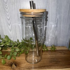 Reusable Glass Bubble Tea Milkshake Tumbler With Bamboo Lid Metal Straw 19.5 CM