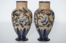 Doulton Lambeth Pair Vases - Alice E.Budden - Incised Floral Design - c.1886