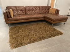 Dwell Paris Right 4 Seater Leather Tan Brown Sofa Chaise With Cushions And Rug