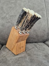 Vintage Set 6 Sheffield Stainless Steel Steak Knives Faux Antler Handles W Block